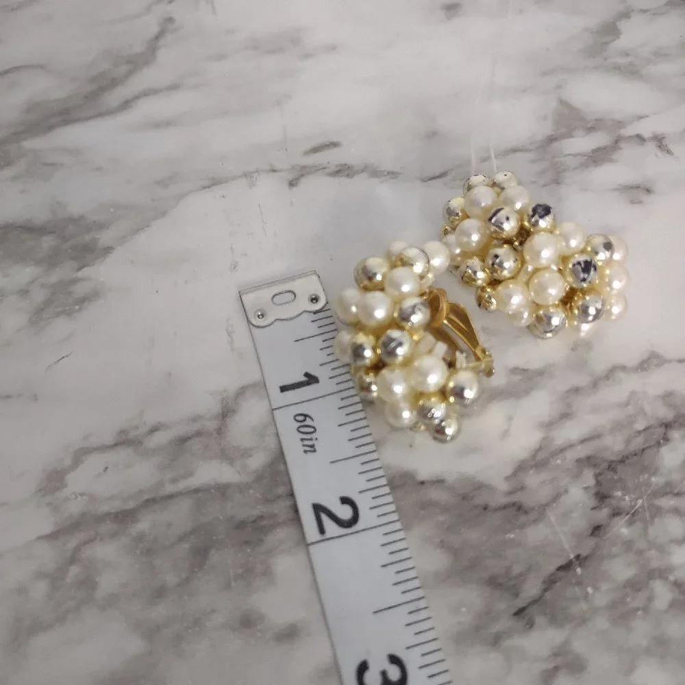 Vintage 80s Clip On Earrings Faux Pearl Bead Strands Dangle Statement 1.5